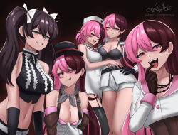Rule 34 | 5girls, :q, bead necklace, beads, belt, black bra, black hair, bow, bowler hat, bra, breasts, brown eyes, brown hair, cleavage, clone, commentary, crop top, cslucaris, dress, english commentary, grey scarf, grin, hair bow, hat, heterochromia, jewelry, large breasts, long hair, midriff, multicolored hair, multiple girls, multiple persona, navel, necklace, neo politan, nurse, nurse cap, open clothes, open mouth, open shirt, pink eyes, pink hair, rwby, saliva, scarf, shirt, short shorts, shorts, signature, smile, split-color hair, stomach, teeth, tongue, tongue out, twintails, two-tone hair, underwear, v-shaped eyebrows, white bow, white dress, white shirt