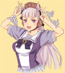 Rule 34 | 1girl, animal ears, breasts, commentary, double v, ear covers, gold ship (umamusume), horse ears, horse girl, horse tail, large breasts, makita yoshiharu, open mouth, pillbox hat, pleated skirt, purple eyes, purple hair, school uniform, sketch, skirt, smile, solo, tail, tracen school uniform, translated, umamusume, upper body, v, yellow background