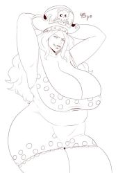 Rule 34 | 1girl, aged down, aged up, armpits, arms behind head, arms up, big mom, breasts, charlotte linlin, cleavage, grin, huge breasts, large breasts, lipstick, long hair, makeup, mature female, old, old woman, one piece, plump, smile, solo, sunnysundown, thick thighs, thighs