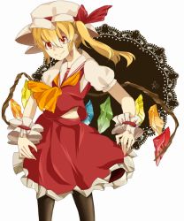 Rule 34 | 1girl, ascot, bad id, bad pixiv id, blonde hair, crystal, female focus, flandre scarlet, hat, hat ribbon, kamino, pantyhose, puffy sleeves, red eyes, ribbon, short hair, short sleeves, side ponytail, smile, solo, touhou, wings, wrist cuffs