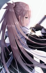 Rule 34 | 1girl, alternate costume, blonde hair, commentary request, fate (series), gloves, hair between eyes, highres, holding, holding sword, holding weapon, katana, long hair, looking at viewer, looking back, nonono (nononotea), okita souji (fate), okita souji (koha-ace), ponytail, scarf, sheath, simple background, solo, sword, tagme, unsheathing, weapon, white background, white scarf, wide sleeves, yellow eyes