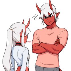 Rule 34 | 1boy, 1girl, ?, absurdres, arms behind back, artist name, back, black eyes, breasts, choker, colored skin, cowboy shot, crop top, demon boy, demon girl, demon horns, demon tail, eyes visible through hair, hair between eyes, heart, highres, horns, li (rob ishi), long hair, looking at another, midriff, original, pants, pointy ears, ponytail, rae (rob ishi), red skin, rob ishi, shirt, small breasts, smile, spoken heart, standing, tail, watermark, white background, white hair