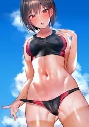 Rule 34 | 1girl, bikini pull, blue sky, blush, breasts, brown hair, cameltoe, clothes pull, cloud, collarbone, cowboy shot, crop top, day, dutch angle, fang, gluteal fold, groin, hair between eyes, hair ornament, hairclip, linea alba, looking at viewer, medium breasts, midriff, navel, open mouth, original, outdoors, red eyes, revision, shiny skin, short hair, skin fang, sky, solo, sports bikini, sports bra, sportswear, standing, steaming body, sweat, tan, tanline, track uniform, two-tone sports bra, yuyu (yuyuworks)