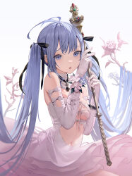 Rule 34 | 1girl, antenna hair, black gemstone, black ribbon, blue eyes, blue hair, branch, breasts, clothing cutout, commentary, cowboy shot, dress, elbow gloves, english commentary, flower, gloves, hair ribbon, highres, holding, holding scepter, layered dress, long hair, looking ahead, navel, original, parted lips, ribbon, riesun, scepter, sidelocks, small breasts, solo, stomach cutout, strapless, strapless dress, twintails, underboob, very long hair, white dress, white flower, white gloves