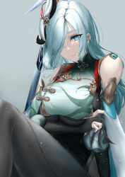 Rule 34 | 1girl, arm under breasts, black bodysuit, black gloves, blue eyes, bodysuit, braid, breast curtain, breasts, closed mouth, genshin impact, gloves, grey hair, hair ornament, hair over one eye, highres, hip vent, knees up, large breasts, long hair, looking at viewer, low-braided long hair, low-tied long hair, mait, partially fingerless gloves, shenhe (genshin impact), simple background, sitting, solo