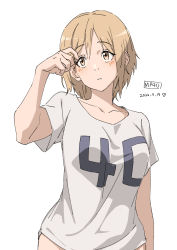 Rule 34 | 1girl, alternate costume, blonde hair, brown eyes, dated, expressionless, girls&#039; frontline, hand on own face, highres, holding, holding own hair, mp40 (girls&#039; frontline), shadow, shirt, short hair, short sleeves, sketch, solo, thighs, triangle bullet, white background, white shirt