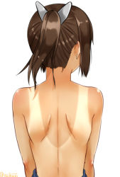 Rule 34 | 10s, 1girl, arms at sides, back, back focus, brown hair, clothes pull, facing away, from behind, hair ribbon, highres, i-401 (kancolle), isshiki (ffmania7), kantai collection, nape, one-piece swimsuit, one-piece swimsuit pull, ponytail, ribbon, shoulder blades, solo, swimsuit, tan, tanline, topless, twitter username, upper body, white background