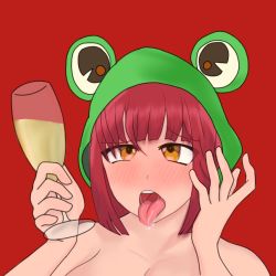 Rule 34 | 1girl, ahegao, alcohol, animal hood, blush, breasts, champagne, cup, drinking glass, drunk, frog, frog hair ornament, hair ornament, hands up, hood, nude, open mouth, orange eyes, original, photoshop (medium), red background, red hair, saliva, sarywaifu, sarywapo, self-upload, serious, simple background, solo, thick thighs, thighs