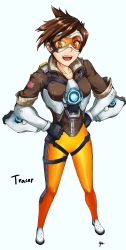 Rule 34 | 1girl, :d, brown hair, collarbone, from above, fur trim, goggles, hands on own hips, highres, nishiumi yuuta, open mouth, overwatch, overwatch 1, short hair, skin tight, smile, solo, tracer (overwatch)