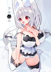 Rule 34 | 1girl, animal ears, arm between breasts, between breasts, bow, braid, breasts, cat ears, cat tail, chemise, finger to mouth, grey hair, hair between eyes, hair bow, highres, kneeling, large breasts, long hair, mamuru, open mouth, original, red eyes, solo, strap slip, tail, thick thighs, thighhighs, thighs, tongue, tongue out, twin braids, very long hair, white thighhighs