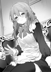 Rule 34 | 1girl, apron, blush, closed mouth, couch, dress, flying sweatdrops, greyscale, hair between eyes, hair ornament, ikeuchi tanuma, lap pillow invitation, long hair, long sleeves, looking at viewer, maid, monochrome, on couch, original, sitting, smile, solo, thighhighs