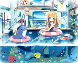 Rule 34 | 2girls, aikei ake, blonde hair, blue eyes, blush stickers, boat, cat, clock, computer, drawing tablet, fish, fishbowl, innertube, long hair, looking at viewer, monitor, multiple girls, octopus, original, oxygen tank, partially submerged, partially underwater shot, plant, potted plant, school swimsuit, school uniform, serafuku, smile, squid, stylus, swim ring, swimsuit, water, watercraft, whale, window