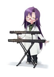 Rule 34 | 1girl, blush, converse, full body, glasses, goshiki agiri, green necktie, instrument, keyboard (instrument), kill me baby, lab coat, long hair, looking at viewer, necktie, okayparium, open mouth, purple hair, shoes, smile, sneakers, solo, transparent background