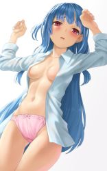 Rule 34 | 1girl, blue hair, blush, breasts, collarbone, fingernails, furrowed brow, highres, kotonoha aoi, kurione (zassou), long hair, long sleeves, navel, one side up, open clothes, open mouth, open shirt, panties, pink eyes, pink panties, pink ribbon, ribbon, shirt, small breasts, solo, sweat, underwear, very long hair, voiceroid, white shirt