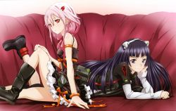 Rule 34 | 10s, 2girls, absurdres, bare shoulders, boots, bracelet, capri pants, dress, guilty crown, hair ornament, hairclip, hand on own cheek, hand on own face, highres, jewelry, katou hiromi, long hair, looking at viewer, lying, multiple girls, on stomach, pants, pink hair, purple eyes, purple hair, red eyes, robot ears, sitting, smile, tsugumi (guilty crown), yuzuriha inori