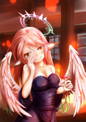Rule 34 | 1girl, alcohol, angel wings, bare shoulders, breasts, cleavage, closed mouth, spiked halo, cross, cup, dress, drinking glass, feathered wings, gradient hair, halo, highres, jewelry, jibril (no game no life), long hair, low wings, magic circle, medium breasts, multicolored hair, necklace, no game no life, pink hair, smile, solo, symbol-shaped pupils, tattoo, tawawa (kakeibo7ykwety), very long hair, white wings, wing ears, wings, yellow eyes