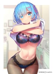 Rule 34 | 1girl, alternate costume, artist name, blue eyes, blue hair, blue panties, blurry, blurry background, blush, border, bow, bow bra, bra, breasts, brown pantyhose, cleavage, closed mouth, clothes lift, contemporary, cowboy shot, female focus, hair ornament, hair over one eye, hair ribbon, hands up, hong (white spider), indoors, kitchen, lace, lace-trimmed bra, lace trim, large breasts, leaning forward, lifting own clothes, looking at viewer, matching hair/eyes, navel, outside border, panties, panties under pantyhose, pantyhose, patreon username, pink ribbon, re:zero kara hajimeru isekai seikatsu, rem (re:zero), ribbon, shirt, shirt lift, short hair, short sleeves, signature, smile, solo, stomach, thigh gap, underwear, undressing, white border, white shirt, x hair ornament