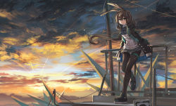 Rule 34 | 1girl, against railing, amiya (arknights), animal ears, arknights, bad id, bad pixiv id, black footwear, black jacket, black pantyhose, blush, brown hair, brown pantyhose, closed mouth, cloud, cloudy sky, grey eyes, grey skirt, hair between eyes, huanxiang huifeng, jacket, against railing, loafers, long hair, long sleeves, looking at viewer, open clothes, open jacket, outdoors, pantyhose, pleated skirt, ponytail, rabbit ears, railing, ribbed sweater, shoes, skirt, sky, solo, sunset, sweater, very long hair, white sweater
