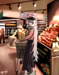 Rule 34 | 1girl, absurdres, alternate costume, arknights, black skirt, blue eyes, brown shirt, commentary request, dated, gaoling gangqin, hair between eyes, highres, long hair, long skirt, looking at viewer, mulberry (arknights), open mouth, shirt, shoes, shop, shopping cart, skirt, sneakers, solo, very long hair, visor cap, white footwear, white hair