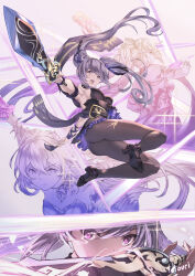 Rule 34 | 1girl, afterimage, armpits, artist name, ass, black dress, black footwear, black pantyhose, black ribbon, breasts, closed mouth, commentary, cone hair bun, double bun, dress, electricity, english commentary, floating, full body, genshin impact, glowing, glowing sword, glowing weapon, gradient background, granblue fantasy (style), hair bun, hair ribbon, high heels, highres, holding, holding sword, holding weapon, keqing (genshin impact), keqing (opulent splendor) (genshin impact), long hair, looking at viewer, looking to the side, medium breasts, multiple views, official alternate costume, open mouth, outstretched arm, pantyhose, pink background, pointing, pointing forward, pointing weapon, purple eyes, purple hair, ribbon, serious, sparkle, strapless, strapless dress, sword, totouri, twintails, weapon