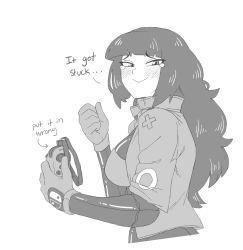 Rule 34 | black bodysuit, black hair, blunt bangs, bodysuit, bodysuit under clothes, crying, crying with eyes open, gloves, greyscale, gummuru, hime cut, jacket, joy-con, letterman jacket, long hair, looking at viewer, messy hair, monochrome, shiny clothes, smile, switch-tan, tears