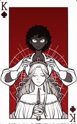 Rule 34 | 2girls, 51wi21, bare shoulders, blood, bloody weapon, card, card (medium), crown, curly hair, dark-skinned female, dark skin, dress, dungeon meshi, facing viewer, genderswap, genderswap (mtf), gloves, hair over shoulder, half updo, hands up, highres, holding, holding knife, interlocked fingers, jewelry, kabru, knife, korean commentary, laios touden, long hair, looking at viewer, monochrome, multiple girls, off-shoulder dress, off shoulder, outside border, own hands together, parted bangs, playing card, ring, short hair, smile, straight-on, throne, weapon