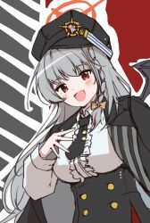 Rule 34 | 1girl, :d, black hat, black jacket, black necktie, black skirt, blue archive, blush, bow, braid, breasts, brown bow, center frills, collared shirt, demon wings, frills, grey hair, grey wings, hair bow, hand up, haruna (blue archive), hat, high-waist skirt, highres, jacket, jacket on shoulders, long hair, looking at viewer, medium breasts, necktie, open mouth, peaked cap, red eyes, shirt, skirt, smile, solo, star (symbol), unadon (unadoom), very long hair, white shirt, wings