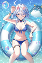 1girl :d afloat air_bubble bikini blue_bikini blue_eyes blue_hair bracelet breasts bubble commentary_request drop-shaped_pupils eyewear_on_head furina_(genshin_impact) genshin_impact grey_hair harimoji heterochromia highres innertube jewelry looking_at_viewer medium_breasts mismatched_pupils multicolored_hair navel on_innertube open_mouth smile solo star-shaped_eyewear star_(symbol) sunglasses swim_ring swimsuit symbol-shaped_pupils thigh_strap water wet