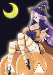 Rule 34 | 1girl, bow, breasts, cape, cleavage, costume, crescent moon, fang, fate/stay night, fate (series), glasses, halloween, jack-o&#039;-lantern, large breasts, long hair, medusa (fate), medusa (rider) (fate), moon, purple eyes, purple hair, smile, solo, striped clothes, striped thighhighs, thighhighs, zanku