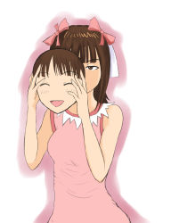 Rule 34 | 00s, 1girl, :d, ^ ^, amami haruka, bare arms, bare shoulders, blunt bangs, bow, breasts, brown eyes, closed eyes, dual persona, female focus, gradient background, hair bow, holding, holding mask, idolmaster, idolmaster (classic), idolmaster 1, looking at viewer, mask, medium breasts, open mouth, pink bow, short hair, sleeveless, smile, solo, tank top, upper body, willwind30, yandere