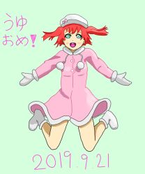 Rule 34 | 1girl, aqua background, aqua eyes, artist name, artist request, blush, boots, female focus, full body, fur collar, gloves, halharuby, hat, jacket, jumping, kurosawa ruby, love live!, love live! sunshine!!, pink jacket, pink sweater, pom pom (cheerleading), red hair, short hair, smile, solo, sweater, twintails, white footwear, white gloves, white hat