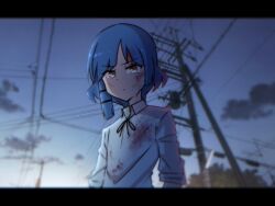 Rule 34 | 1girl, blood, blood on clothes, blood on face, blue hair, blue sky, bocchi the rock!, cloud, glaring, highres, letterboxed, looking at viewer, medium hair, outdoors, power lines, shirt, sky, the freakin yui, twilight, twitter username, utility pole, white shirt, yamada ryo, yellow eyes