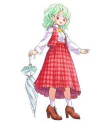 Rule 34 | 1girl, ascot, brown footwear, closed umbrella, collared shirt, commentary request, green hair, high heels, holding, holding umbrella, kazami yuuka, long sleeves, open clothes, open mouth, open vest, plaid, plaid skirt, plaid vest, red eyes, red skirt, red vest, s-a-murai, shirt, short hair, skirt, skirt set, socks, solo, touhou, umbrella, vest, wavy hair, white background, white shirt, white socks, yellow ascot