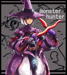 Rule 34 | 1girl, armlet, belt, blunt bangs, buckle, capcom, chameleos (armor), closed mouth, cowboy shot, dual wielding, holding, holding sword, holding weapon, long sleeves, looking at viewer, monster hunter (series), red eyes, shaded face, short hair, silver hair, smile, solo, sword, tabard, tetsu (kimuchi), weapon, wide sleeves, witch