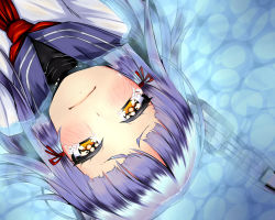 Rule 34 | 10s, 1girl, blue hair, close-up, crying, crying with eyes open, doyouwantto, frown, hair ribbon, headgear, highres, kantai collection, long hair, murakumo (kancolle), partially submerged, personification, ribbon, solo, tears, water, yellow eyes