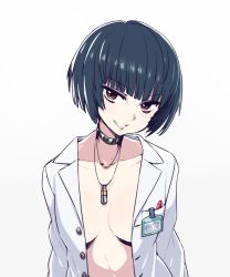 Rule 34 | 10s, 1girl, black hair, breasts, brown eyes, chan co, choker, collar, collarbone, gradient background, grin, jewelry, lab coat, lab coat, looking at viewer, medium breasts, naked labcoat, naked shirt, necklace, persona, persona 5, shirt, short hair, simple background, smile, solo, takemi tae, upper body