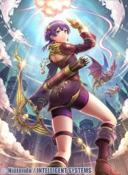 Rule 34 | 1girl, armor, arrow (projectile), bernadetta von varley, bike shorts, boots, bow (weapon), closed mouth, company name, copyright name, dragon, dress, earrings, fire emblem, fire emblem: three houses, fire emblem cipher, from behind, fumi (butakotai), gloves, grey eyes, hair ornament, holding, holding bow (weapon), holding weapon, jewelry, long sleeves, looking back, nintendo, official art, purple hair, quiver, short dress, sky, solo focus, thigh strap, weapon, wyvern, yellow gloves