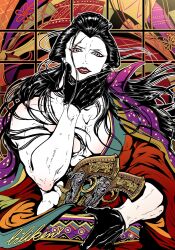 Rule 34 | 1boy, absurdres, artist name, biliken, black gloves, black hair, gloves, gun, hair ornament, highres, holding, holding gun, holding weapon, izou (one piece), lipstick, long hair, looking at viewer, makeup, male focus, one piece, red lips, scar, scar on face, solo, teeth, weapon
