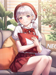 Rule 34 | 1girl, ahoge, blush, bow, collared shirt, commentary request, copyright request, couch, feet out of frame, grey hair, highres, indoors, looking at viewer, low twintails, hugging object, pillow, pillow hug, plant, potted plant, puffy short sleeves, puffy sleeves, purple eyes, red bow, red headwear, red skirt, shirt, short sleeves, sitting, skirt, smile, solo, soyubee, suspenders, twintails