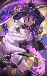 Rule 34 | 1girl, black thighhighs, braid, bridal gauntlets, bright pupils, closed mouth, cowboy shot, flower, genshin impact, glowing, glowing eyes, hair flower, hair ornament, highres, holding, holding sword, holding weapon, japanese clothes, kimono, long hair, looking at viewer, low-braided long hair, low-tied long hair, mikuroron, mole, mole under eye, nail polish, obi, purple eyes, purple hair, purple kimono, purple nails, raiden shogun, sash, solo, sword, tassel, thighhighs, weapon, white pupils