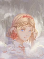 Rule 34 | 1girl, 2016, alice margatroid, alternate hairstyle, backlighting, blonde hair, blue eyes, braid, braided bangs, capelet, crown braid, dated, expressionless, eyelashes, fog, hairband, hand in own hair, highres, light particles, lips, looking at viewer, nose, parted lips, pink lips, ribbon, shiqi, short hair, signature, solo, teeth, touhou, upper body