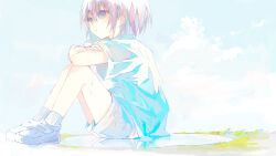 Rule 34 | 1girl, :|, absurdres, arms on knees, blush, closed mouth, cloud, crossed arms, day, from side, grass, hair between eyes, highres, irodori warabi, knees up, legs together, looking ahead, original, outdoors, pink hair, puddle, reflection, reflective water, shirt, shoes, short hair, short sleeves, shorts, sidelocks, sitting, sneakers, socks, solo, water drop, white footwear, white shirt, white shorts, white socks, white theme