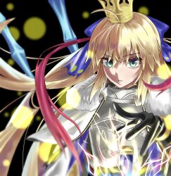 Rule 34 | 1girl, armor, armored dress, artoria caster (fate), artoria caster (third ascension) (fate), artoria pendragon (fate), black background, black gloves, blonde hair, fate/grand order, fate (series), gloves, green eyes, highres, hotu1122, long hair, looking at viewer, purple ribbon, ribbon, simple background