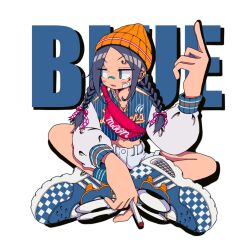 Rule 34 | 1girl, averting eyes, bandaid, bandaid on cheek, bandaid on face, beanie, blue eyes, blue footwear, blue jacket, blue socks, blush stickers, braid, cigarette, cropped jacket, english text, fanny pack, full body, hair ribbon, hand up, hat, highres, holding, holding cigarette, index finger raised, indian style, jacket, long hair, long sleeves, looking to the side, nao97122, navel, open clothes, open jacket, open mouth, orange hat, original, pink ribbon, polka dot, polka dot ribbon, purple hair, ribbon, shoes, shorts, sidelocks, simple background, sitting, smoking, sneakers, socks, solo, striped clothes, striped jacket, twin braids, v-shaped eyebrows, vertical-striped clothes, vertical-striped jacket, white background, white shorts, white sleeves