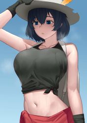 Rule 34 | 1girl, aged up, alternate breast size, arm up, backpack, bag, bare shoulders, blue eyes, breasts, collarbone, feet out of frame, gloves, hair between eyes, hat, highres, kaban (kemono friends), kemono friends, large breasts, looking down, midriff, navel, outdoors, rev60, shirt, short hair, simple background, sky, sleeveless, sleeveless shirt, solo, steam, sweat, sweatdrop, tied shirt