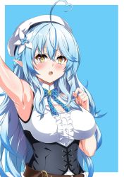 Rule 34 | 1girl, ahoge, arm up, armpits, belt, beret, black corset, blouse, blue bow, blue bowtie, blue hair, blush, bow, bowtie, braid, breasts, brown belt, center frills, cleavage, cleavage cutout, clothing cutout, colored tips, corset, elf, flower, frilled shirt, frills, fuyumi kazuki, hair between eyes, hair flower, hair ornament, half updo, hat, heart, heart ahoge, hololive, large breasts, leather belt, long hair, looking at viewer, multicolored hair, open mouth, pointy ears, shiny skin, shirt, simple background, sleeveless, sleeveless shirt, solo, streaked hair, underbust, very long hair, virtual youtuber, white hat, white shirt, yellow eyes, yukihana lamy