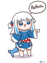Rule 34 | 1girl, :3, animal costume, artist name, barefoot, blue eyes, blue hair, blue hoodie, blunt bangs, chibi, commentary, drawstring, eiul, english commentary, english text, fins, fish tail, gawr gura, gawr gura (1st costume), hair ornament, highres, hololive, hololive english, hood, hood down, hoodie, long sleeves, looking to the side, medium hair, multicolored hair, outstretched arm, outstretched hand, pointing, pointing to the side, shark costume, shark hair ornament, shark tail, sleeves past wrists, solo, speech bubble, streaked hair, tail, twitter username, two side up, virtual youtuber, white background, white hair, wide sleeves