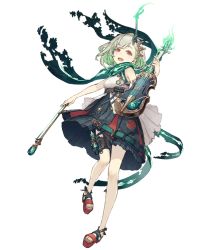 Rule 34 | 1girl, :d, bow (music), breasts, dress, full body, green dress, green hair, horns, instrument, ji no, little match girl (sinoalice), looking at viewer, official art, open mouth, platform footwear, red eyes, sandals, scarf, single horn, sinoalice, sleeveless, sleeveless dress, small breasts, smile, solo, teeth, thigh strap, transparent background, upper teeth only, violin