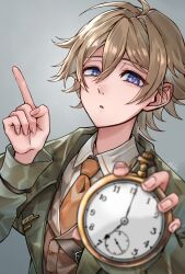 Rule 34 | 1boy, :o, artist name, blue eyes, blurry, blurry foreground, brown hair, brown vest, clock, coat, collared shirt, grey background, grey coat, hair between eyes, hands up, highres, holding clock, index finger raised, looking at viewer, male focus, necktie, oliver fog, orange necktie, outstretched hand, pocket watch, reverse:1999, shiki (lvpsa4qi1zrtzkq), shirt, short hair, signature, solo, upper body, vest, waistcoat, watch, white shirt