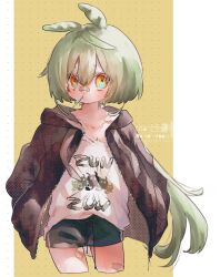 Rule 34 | 1girl, bandaid, bandaid on face, bandaid on leg, bandaid on nose, candy, closed mouth, clothes writing, collarbone, commentary, food, food in mouth, green hair, hair between eyes, hands in pockets, highres, jacket, lollipop, long hair, low ponytail, multicolored eyes, open clothes, open jacket, rt26, shirt, shorts, torn clothes, torn shirt, voiceroid, voicevox, zundamon